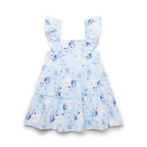 Bluey Dress Light Blue Floral Swiss Dot Ruffle Tiered Girls 4T - Picture 1 of 6